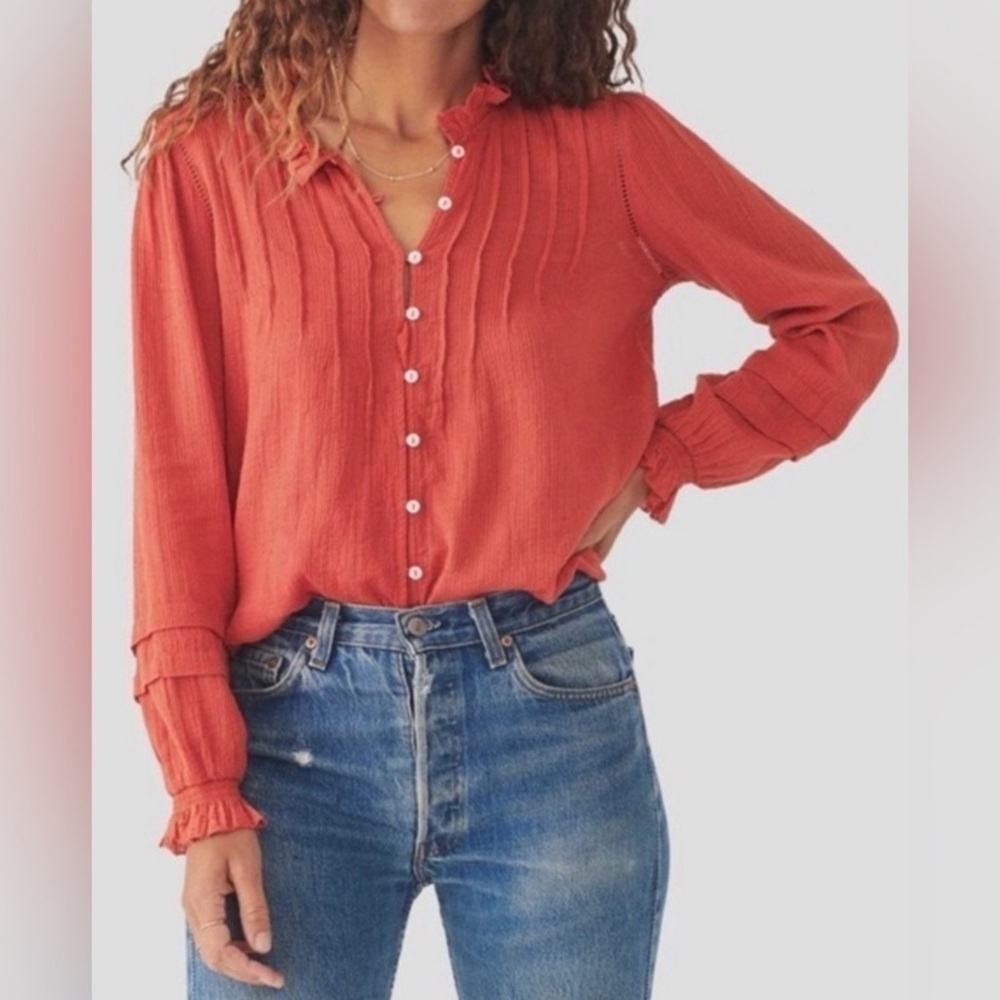 Faherty Willa Button Down Peasant Blouse Coral Bo… - image 2